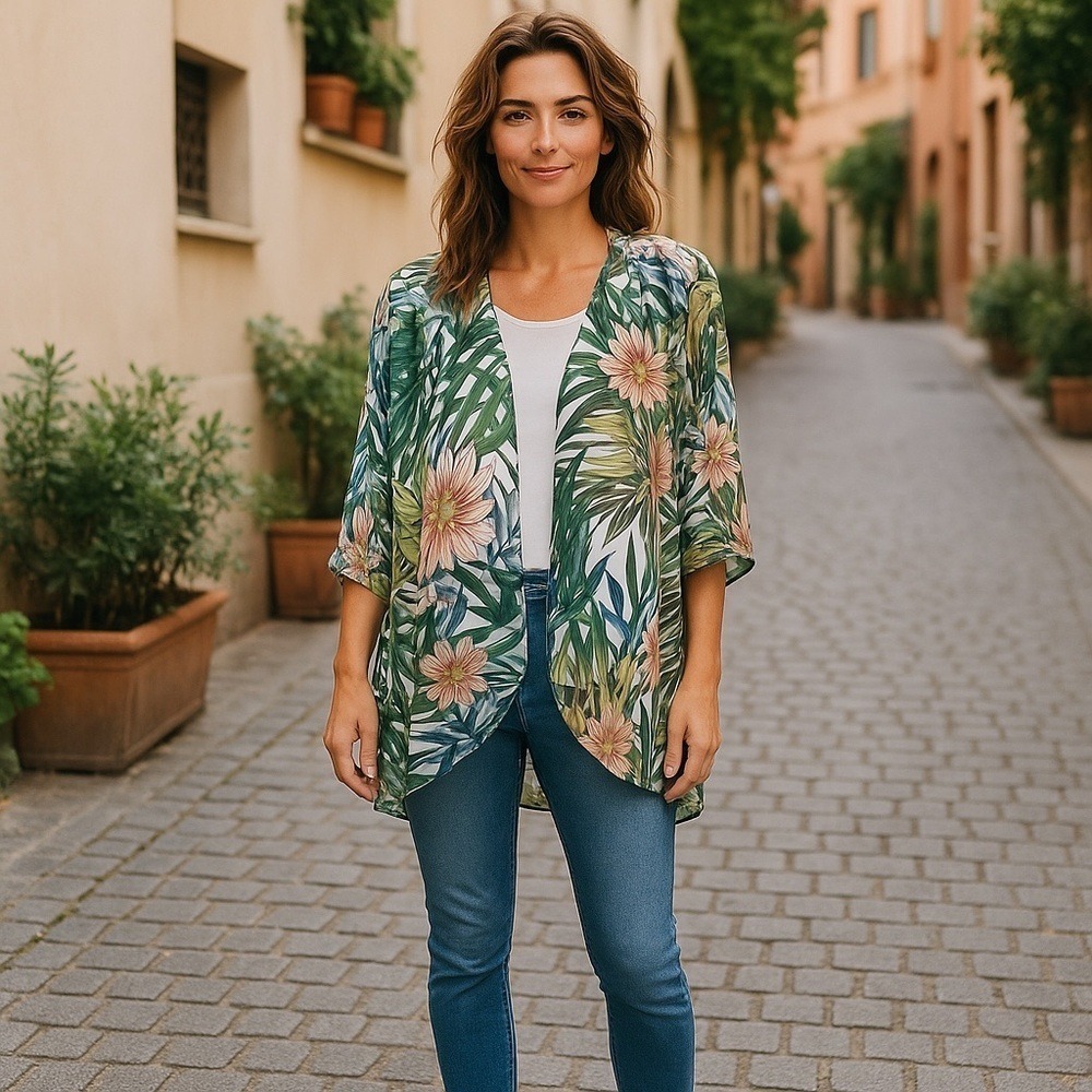 Woven Heart White with Multi Color Topical Print Kimono